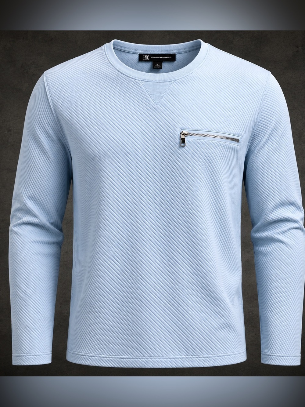 INC Textured Zip Pocket Crewneck Shirt Men’s M Light Blue